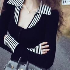 批发小香风条纹拼接假两件针织打底衫女2025新款秋冬修身内搭别致<b class='q'>上衣</b>