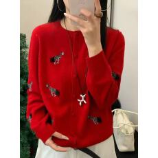 批发高端定制款羊毛针织开衫女立体斑马<b class='q'>刺绣</b>宽松圆领毛衣外套潮