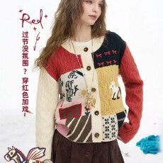 批发毛衣外套秋季新品童趣撞色拼块毛织绞花圆领长袖短针织开衫女