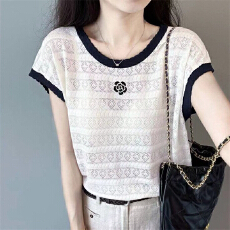 新款撞色镂空花边小飞袖上衣针织衫薄款短袖女夏