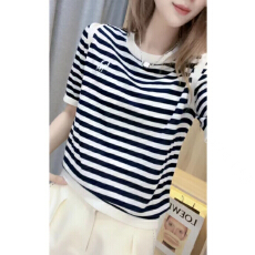 批发2026露肩条纹夏季针织短䄂条纹时尚夏款百搭剌绣字 