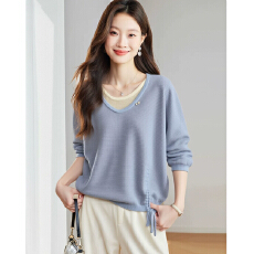 批发<b class='q'>假两件</b>七分袖抽绳<b class='q'>针织衫</b>女短款春装2026新款天丝中袖薄款上衣