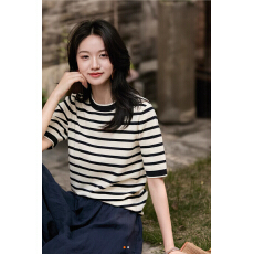 批发2026新款原纱舒适亲肤有机棉撞色圆领条纹针织衫短袖T恤上衣