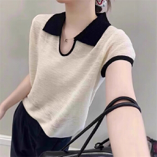 批发polo领撞色针织衫短袖上衣夏季韩版新时尚小众别致短款t恤