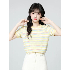 批发黄色条纹针织短袖T恤女2026夏季新款设计感圆领正肩体恤短款上衣