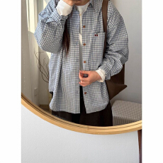 批发纯棉小清新蓝色格<b class='q'>子</b>樱桃刺绣衬衫女春秋宽松高级感叠穿开衫衬衣潮