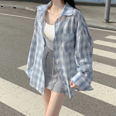 批发夏季蓝色<b class='q'>格子衬衫</b>女防晒薄棉质休闲新款宽松百搭长袖衬衣上衣外套