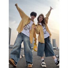 批发黄色<b class='q'>格子衬衫</b>男款美式复古多巴胺少年感衬衣夏季情侣度假防晒外套