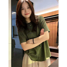 批发索罗<b class='q'>纳</b>领口+原版面料美式复古绿色条纹短袖T恤女夏季新款2026爆款