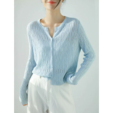 批发肌理感天丝亚麻镂空<b class='q'>针织</b><b class='q'>开衫外套</b>女剪刀圆领长袖防晒衫 竹节