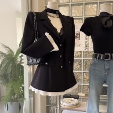 批发千金风黑色蕾丝拼接西装<b class='q'>连衣裙</b>女秋新款收腰显瘦气质高级感短裙子