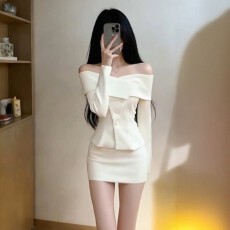 批发韩系白色简约风一字肩上衣<b class='q'>包臀</b><b class='q'>半身裙</b>两件套女秋冬款气质穿搭套装