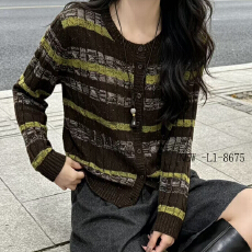批发新款圆领花纱条纹单排扣<b class='q'>长袖</b>针织开衫女<b class='q'>韩版</b>秋季新款显瘦毛衣小衫