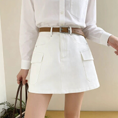 实拍百搭配腰带工装A字半身裙女春夏韩系休闲遮胯显瘦防走光短裙