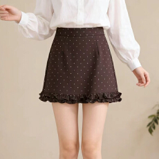批发实拍韩系木耳边波点半身裙女2026新款高腰a字裙子小个子包臀短裙