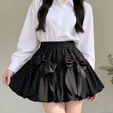 批发实拍波点蝴蝶结系带蓬蓬<b class='q'>半身裙</b>夏季新款小众<b class='q'>高腰</b>显瘦A字花苞短裙