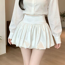 批发实拍夏季缎面高腰显瘦蓬蓬裙女气质时尚纯色百搭a字半身裙短<b class='q'>裙子</b>