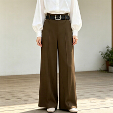 批发实拍韩系咖色<b class='q'>西装</b>阔腿裤女长款高腰压褶无口袋百搭显瘦直筒裤长裤