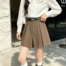 批发实拍深灰色高级感西装阔腿裤女高腰早秋压褶短裤小个子显瘦四分裤