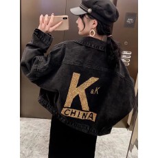 批发韩版闪亮字母黑色牛仔外套女短款宽松小个子工装夹克牛仔衣潮春秋