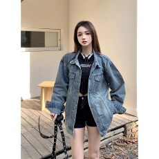 批发美式甜酷风牛仔长袖外套女秋季新款复古BF翻领时尚百搭外搭上衣潮