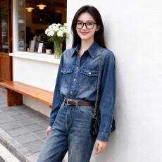 批发韩版深蓝色<b class='q'>牛仔</b>外套女秋季翻领单排扣港风高级时尚减龄百搭上衣潮