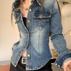 批发美式<b class='q'>春</b>秋款2025复古休闲牛仔外套水洗POLO上衣修身收腰衬衣女