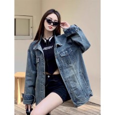 批发美式甜酷风牛仔长袖外套女秋季新款复古BF翻领时尚百搭外搭上衣潮