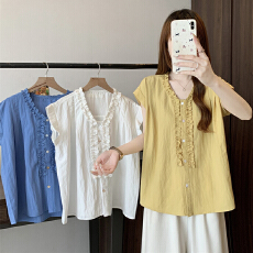 批发孕妇<b class='q'>夏</b>新款减龄气质木耳边系带v领宽松闲显瘦小衫上衣