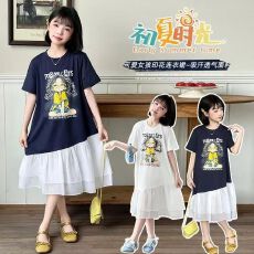 批发【】女童<b class='q'>夏</b>季卡通t恤裙2025新款大童洋气网纱拼接连衣裙<b class='q'>夏</b>装