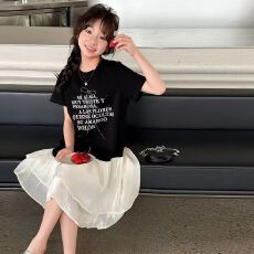 批发女童韩系拼接短袖T恤裙夏季新款女孩连衣裙中大童时尚字母休闲裙
