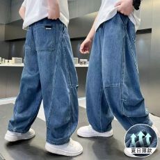 批发儿童洋气2025新款薄款潮高品质夏季弯刀捏褶透气软<b class='q'>牛仔裤</b>