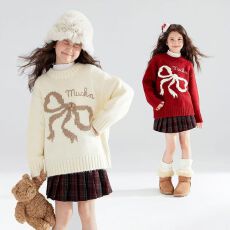 批发【圣诞蝴蝶酥】美丽奴羊毛混纺女童圣诞氛围感圆领毛衣<b class='q'>冬</b>柔软保暖