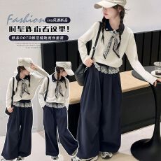 批发女童春秋套装2025新款儿童洋气丝巾领打底衫女大童秋装休闲阔腿裤
