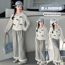 批发女大童秋装休闲套装2025新款洋气长袖T恤上衣小女孩阔腿裤<b class='q'>三件套</b>