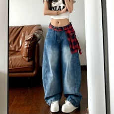 批发大码美式格子裙摆弯刀牛仔裤女夏季新款复古宽松潮流阔腿<b class='q'>拖地</b>长裤