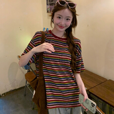 批发实拍短袖t恤夏2026新款正肩潮复古条纹宽松撞色圆领上衣韩版女装