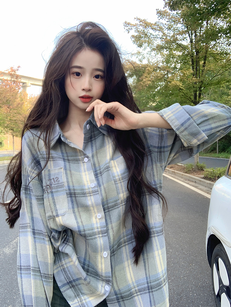 실사 여성 셔츠 2026 봄 가을 새로운 흐름 자수 꽃에서 길다 디자인 센스 체크무늬 단추 얇은 셔츠 칼라 맨위