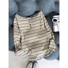 批发实拍长袖t恤<b class='q'>打底衫</b>女薄款2026秋季新款美式<b class='q'>条纹</b>宽松斜领上衣女装