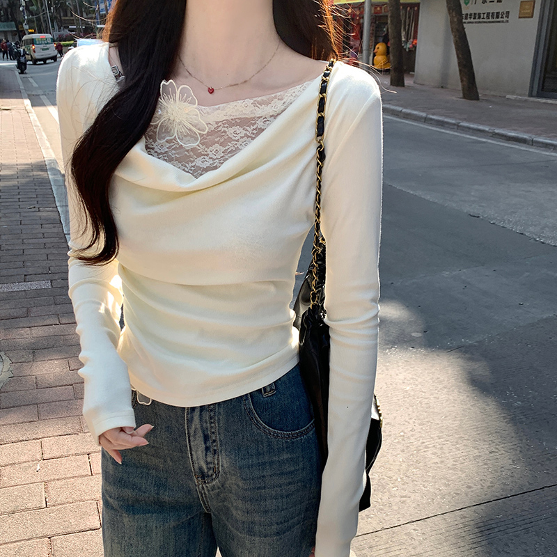 实拍 螺纹260克长袖t恤女装2025新款蕾丝修身打底衫堆堆领上衣