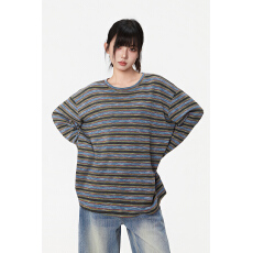 实拍长袖t恤打底衫女薄款2026春秋新款美式条纹宽松圆领上衣