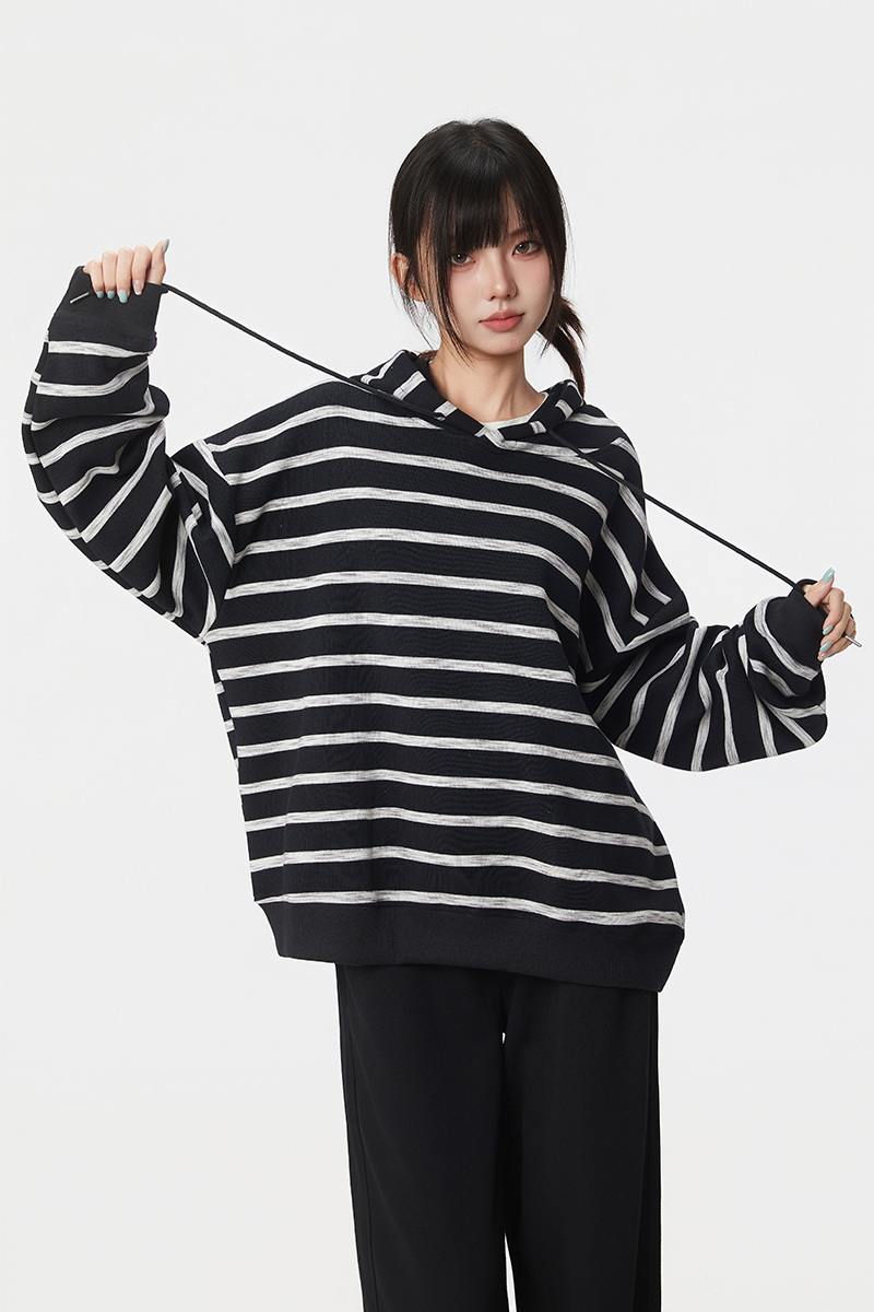 实拍大码女装200斤长袖t恤卫衣2025秋季新款美式条纹宽松连帽上衣