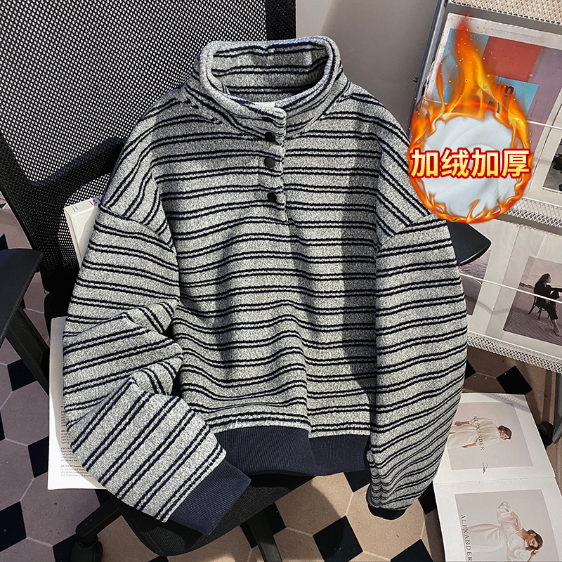 实拍复合真超加绒加厚美式条纹打底衫女宽松高领秋冬保暖上衣