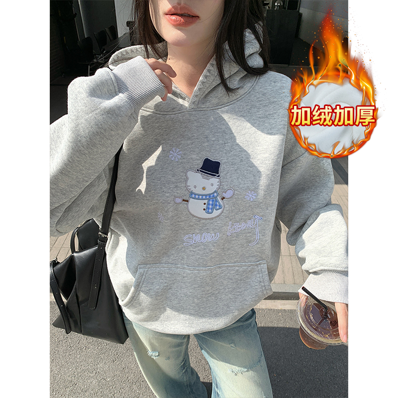 实拍纯棉华棉复合奥粒绒卫衣女秋冬加绒加厚潮设计感连帽保暖上衣