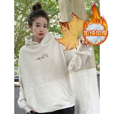 批发实拍华棉复合真超加绒加厚卫衣女秋冬宽松设计感刺绣连帽<b class='q'>韩版</b>上衣