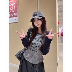 批发实拍260克人棉长袖t恤打底衫女薄款秋新款短款修身插肩袖圆领<b class='q'>上衣</b>