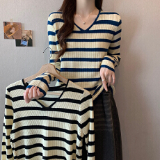 批发实拍包芯纱长袖上衣针织衫女款条纹<b class='q'>打底衫</b>女秋冬2025V领保暖毛衣