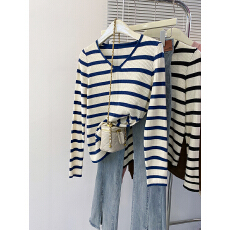 批发实拍包芯纱长袖上衣针织衫女款条纹<b class='q'>打底衫</b>女秋冬2025V领保暖毛衣