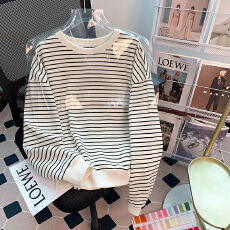 批发实拍珠地复合330克卫衣女2026春秋条纹潮新款薄款圆领长袖t恤上衣