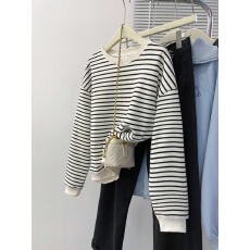 批发实拍珠地复合330克卫衣女2026春秋条纹潮新款薄款圆领长袖t恤上衣